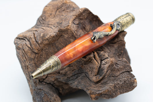 PINECONE & Resin DRAGON Ball Point Pen - Blood Red and Antique Gold