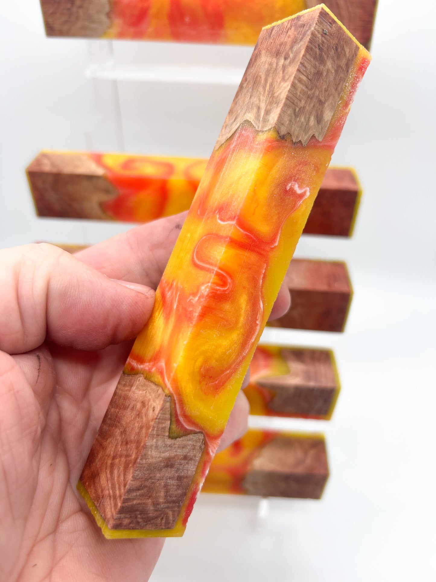 Stabilised Red Mallee Burr / Burl Wood | Hybrid | Yellow Sunset & Raspberry Swirls | Alumilite Resin Pen Blanks