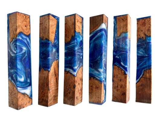 Elm Burr / Burl Ocean Swirls | Blue & White with a hint of Green | Alumilite Resin Pen Blanks