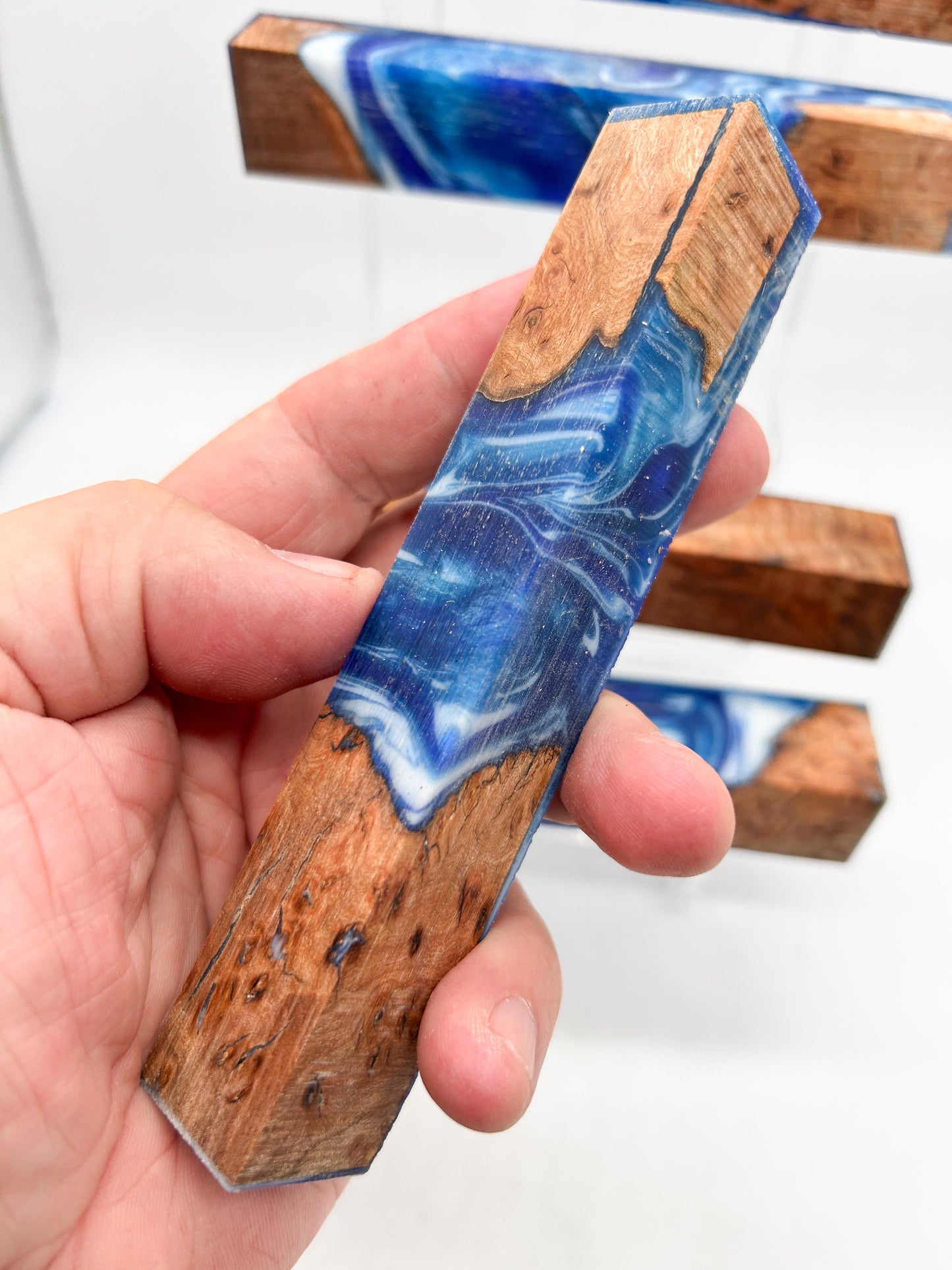 Elm Burr / Burl Ocean Swirls | Blue & White with a hint of Green | Alumilite Resin Pen Blanks