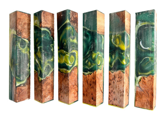 Elm Burr / Burl Forest Green | Green & Yellow with a hint of White | Alumilite Resin Pen Blanks