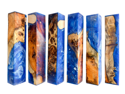 Yew Burr / Burl | Multiple Blues & White Swirls | Alumilite Resin Pen Blanks