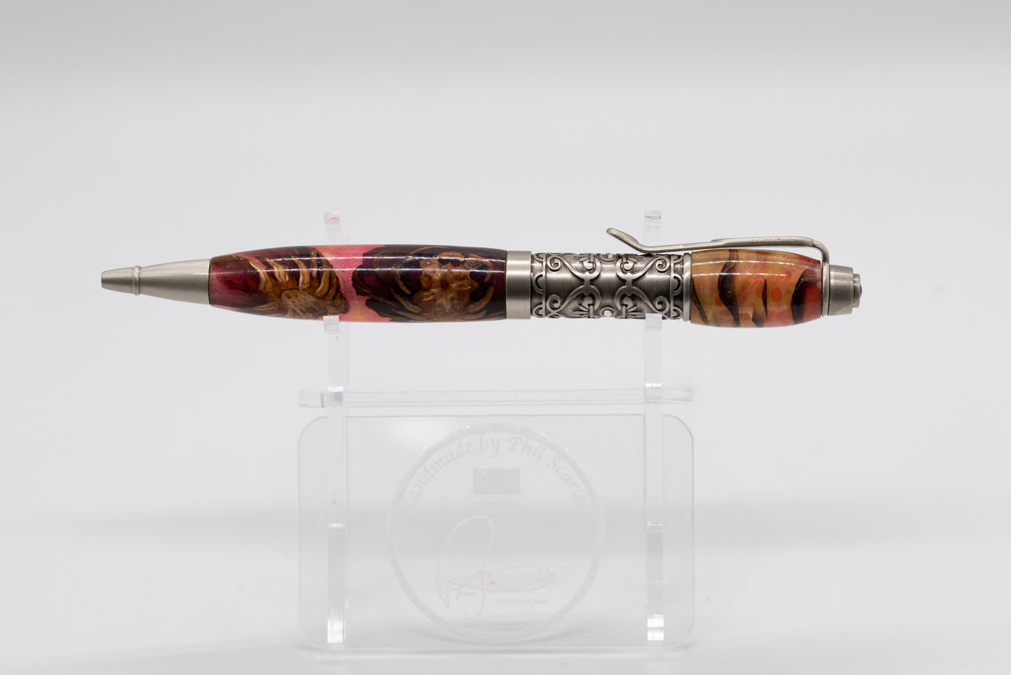 Unique Resin and PINECONE Pink/Yellow Ball Point Pen - Jewel Inlay Centre Band