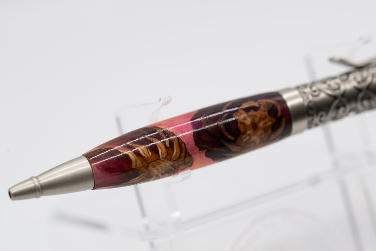 Unique Resin and PINECONE Pink/Yellow Ball Point Pen - Jewel Inlay Centre Band