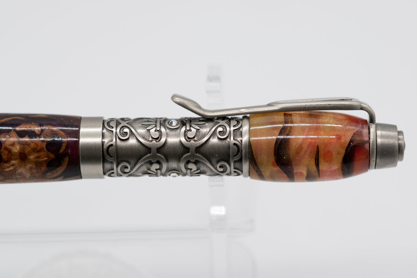 Unique Resin and PINECONE Pink/Yellow Ball Point Pen - Jewel Inlay Centre Band