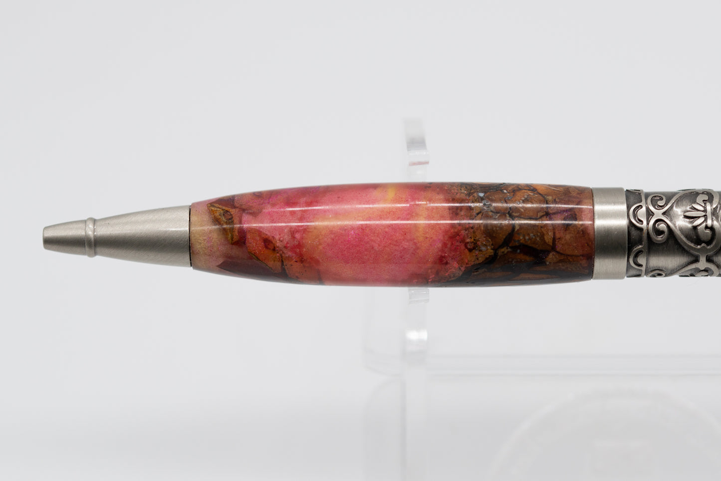 Unique Resin and PINECONE Pink/Yellow Ball Point Pen - Jewel Inlay Centre Band