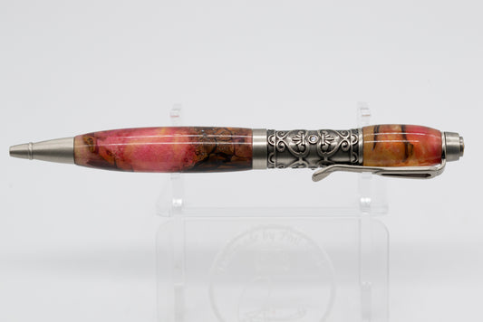 Unique Resin and PINECONE Pink/Yellow Ball Point Pen - Jewel Inlay Centre Band