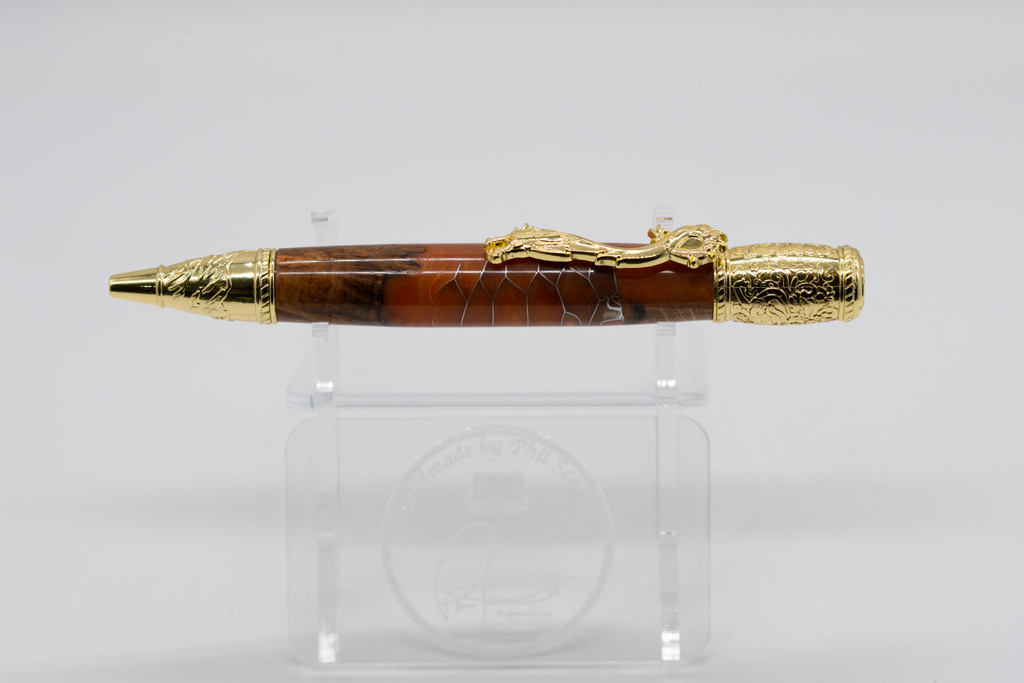 Resin and Oak Burr Orange/Antique Bronze DRAGON Pen