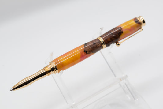 ELM Burr / Burl Resin GOLD Trim Gold & Pink Ball Point Pen