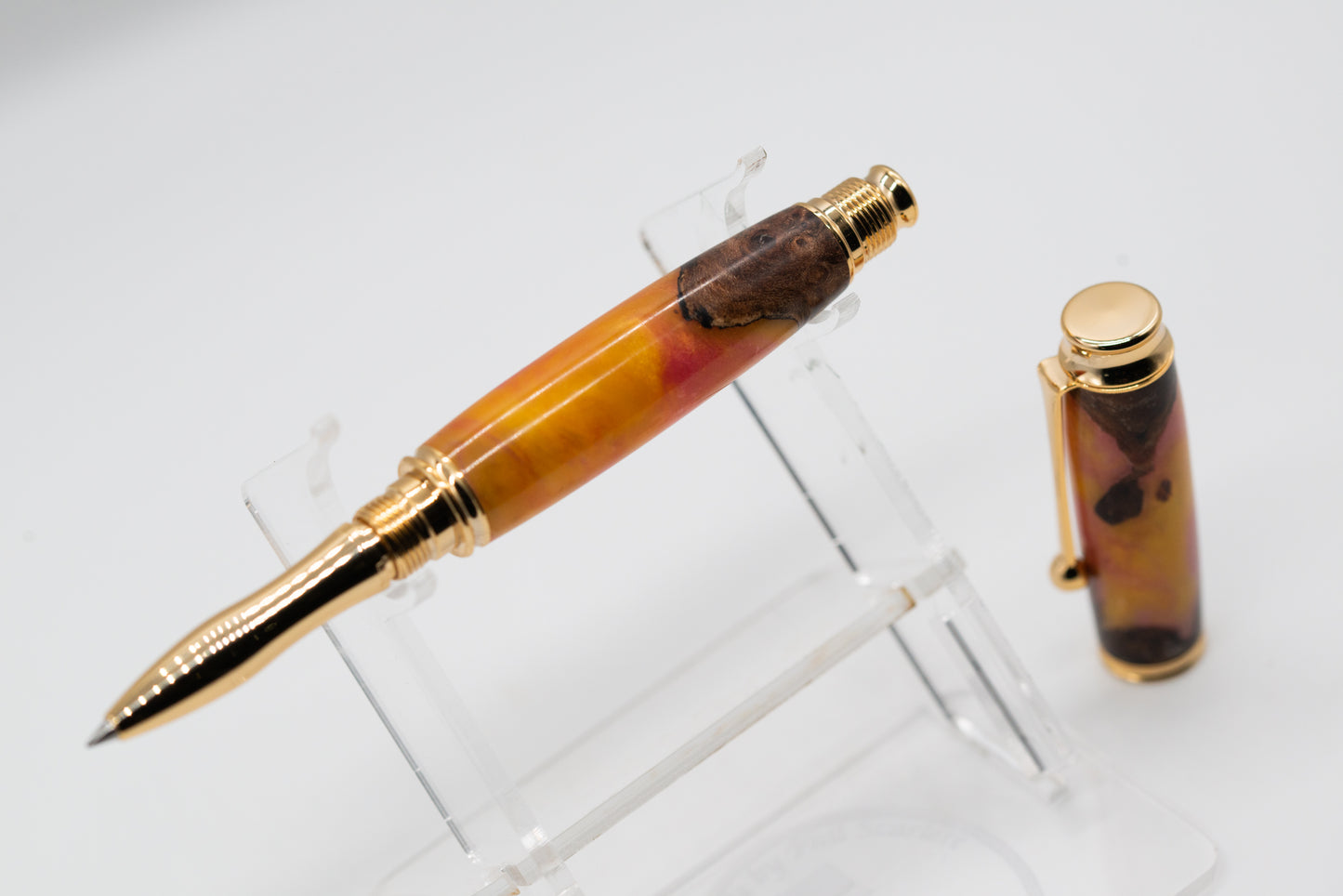 ELM Burr / Burl Resin GOLD Trim Gold & Pink Ball Point Pen