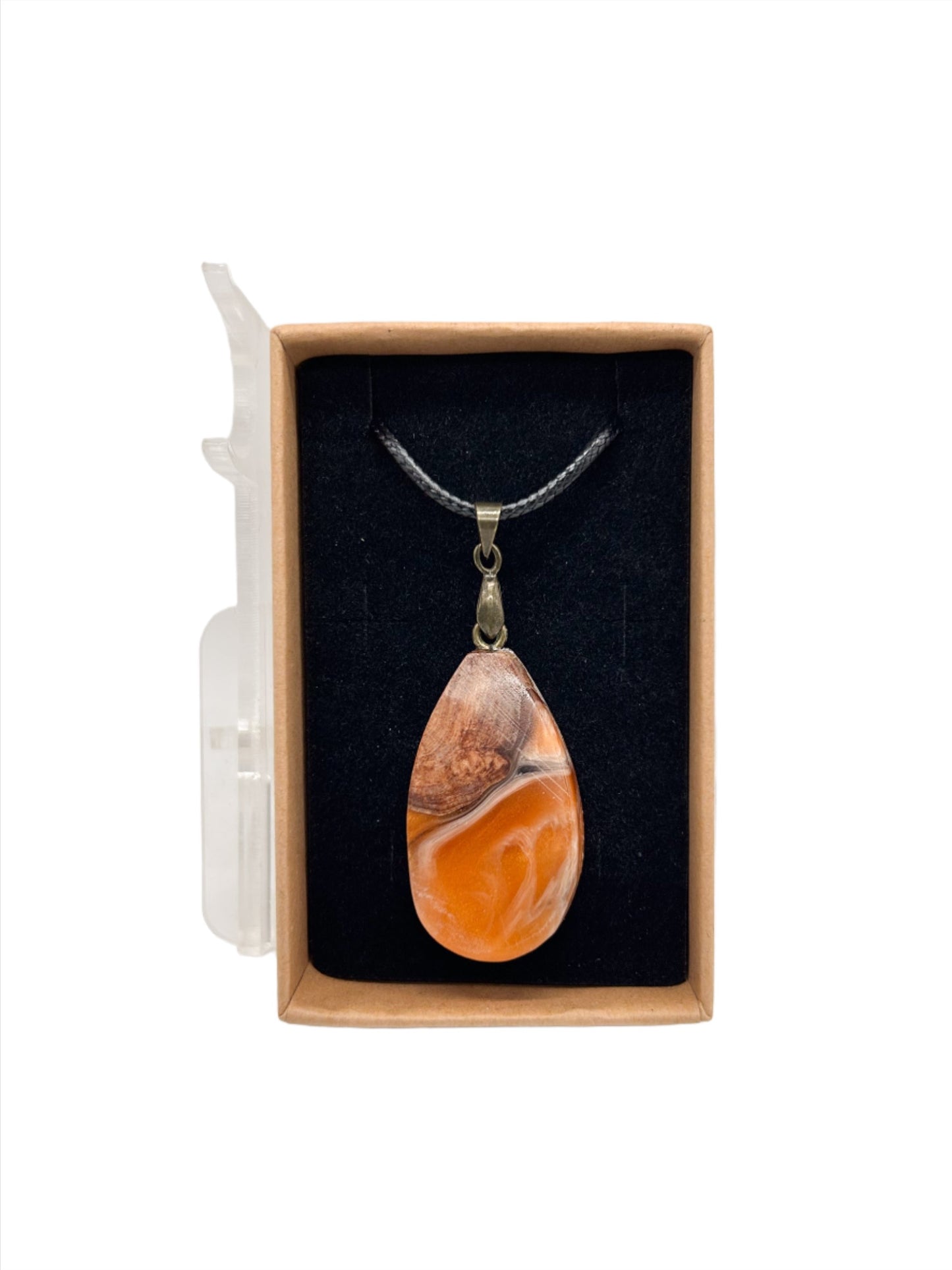 Unisex Resin & Elm Burr / Burl Pendant with Orange Resin